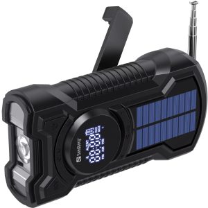 rádio de emergência am fm com manivela e painel solar